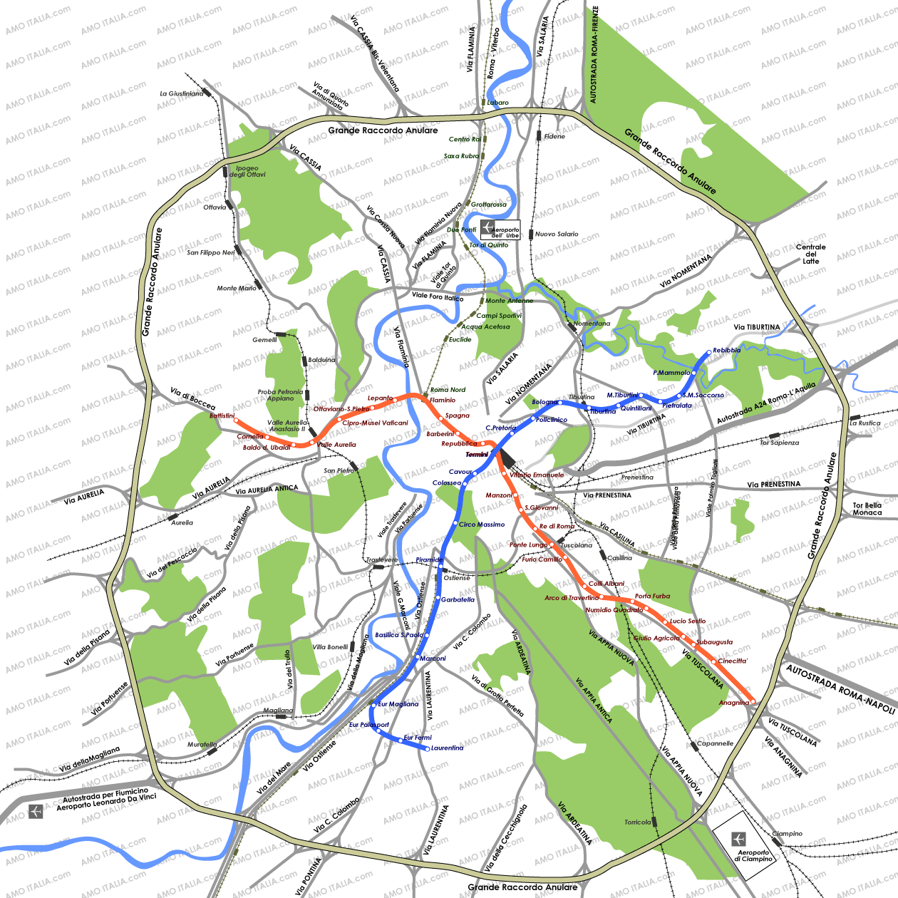 Map of highway and metro in Rome
